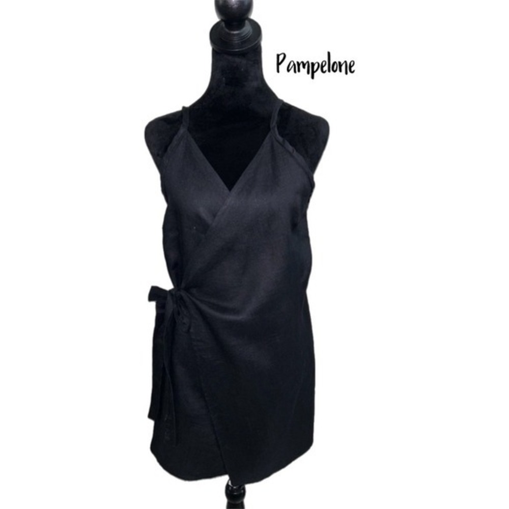 Pampelone Black Linen Wrap Mini Dress Tie Waist Boho Resort Quite Luxury Boho